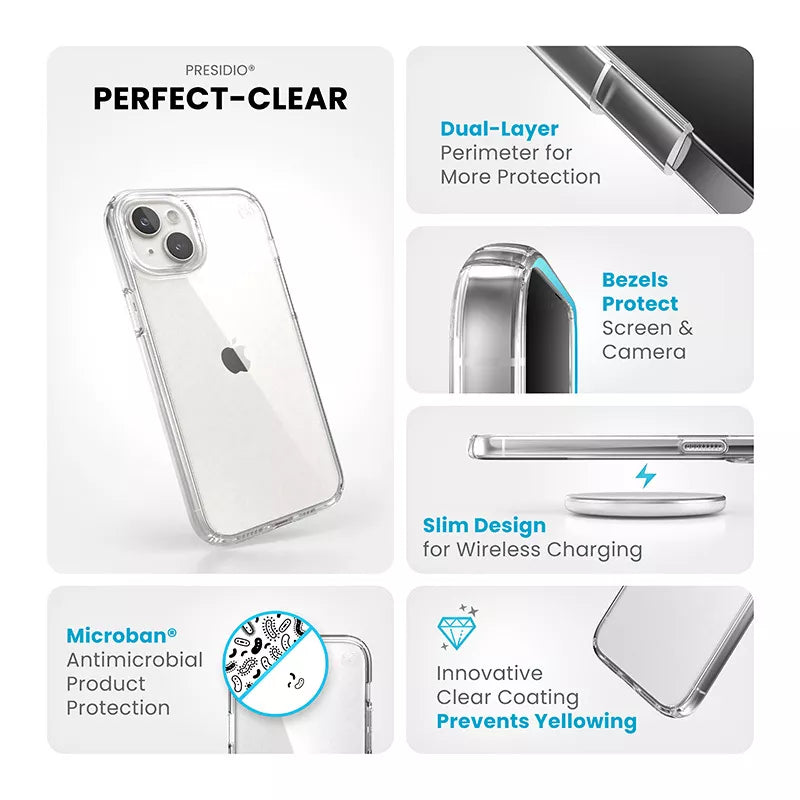 Speck Presidio Perfect-Clear – „iPhone 15 Plus“ / „iPhone 14 Plus“ dėklas (skaidrus)