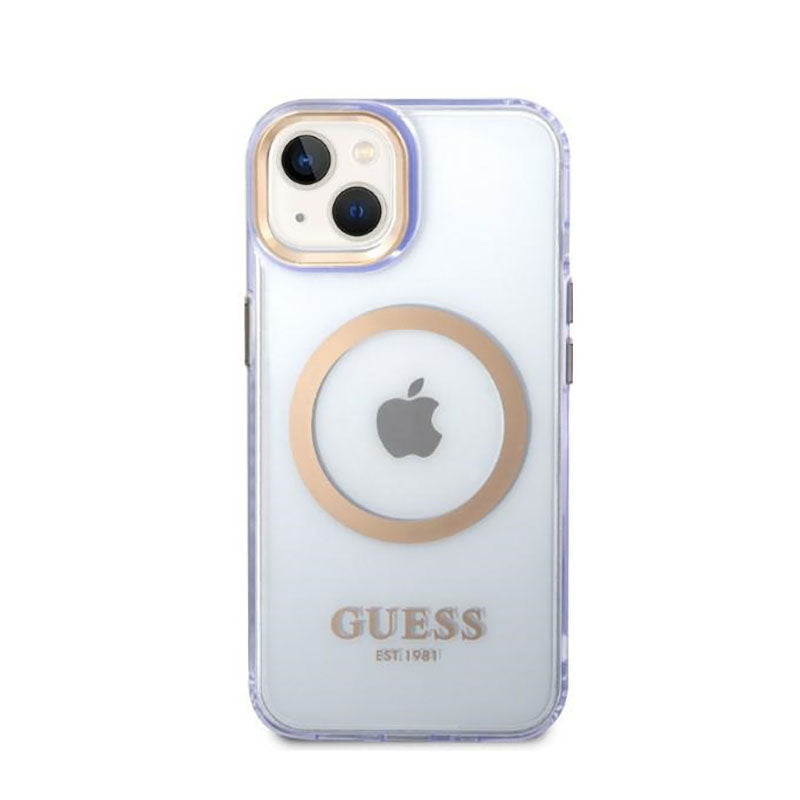 Guess Gold Outline permatomas MagSafe - „iPhone 14“ dėklas (violetinė)