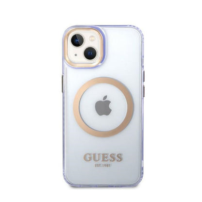 Guess Gold Outline permatomas MagSafe - „iPhone 14“ dėklas (violetinė)