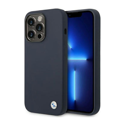 BMW skysto silikono dėklas su metaliniu logotipu MagSafe – dėklas iPhone 14 Pro Max (tamsiai mėlyna)