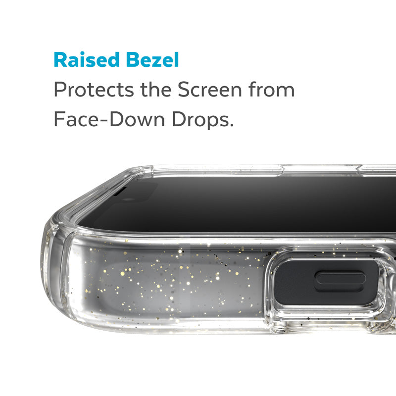 "Speck Presidio Perfect-Clear" dėklas su blizgučiais + "MagSafe" - "iPhone 15 Plus" / "14 Plus" dėklas su MICROBAN danga (skaidrus / su aukso spalvos blizgučiais)