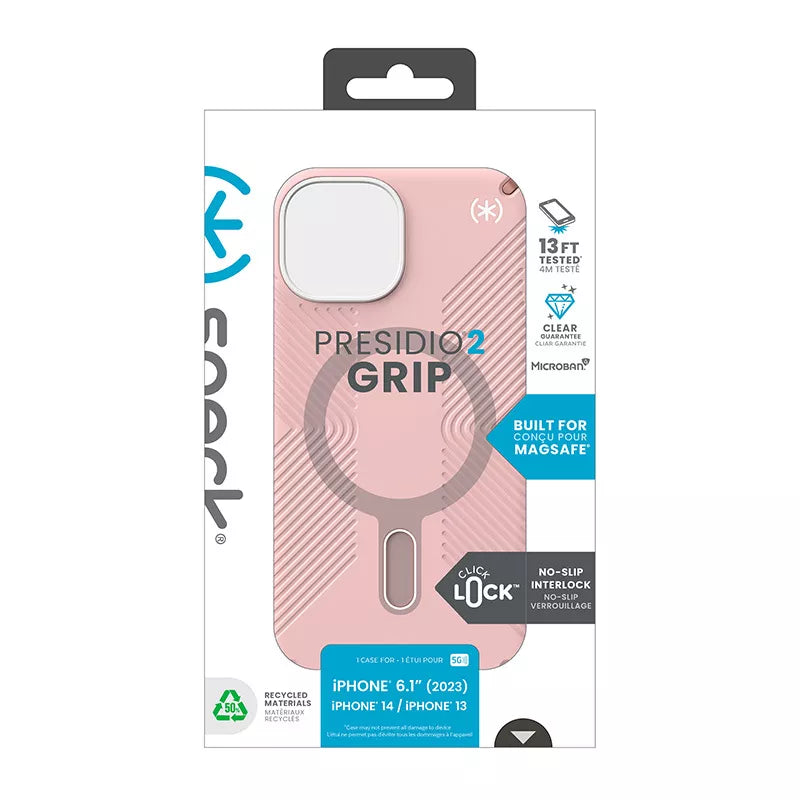 Speck Presidio2 Grip ClickLock & MagSafe – Dėklas, skirtas iPhone 16e / iPhone 15 / iPhone 14 / iPhone 13 (Dahlia Pink/Rose Copper)