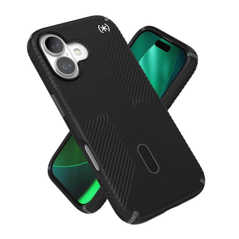 Speck Presidio2 Grip ClickLock ir MagSafe – iPhone 17 dėklas (juoda / alyvuogių pilka / balta)