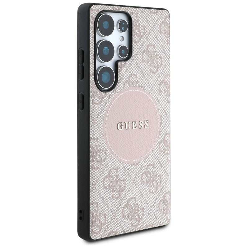 Guess 4G Round Patch Classic Logo MagSafe – Dėklas, skirtas Samsung Galaxy S25 Ultra (rožinis)