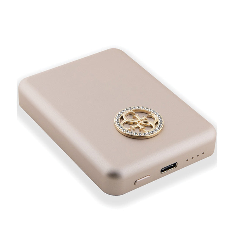 Guess 4G Strassed Metal Logo MagSafe – indukcinė 5000 mAh 15W MagSafe energijos bankas (auksinis)