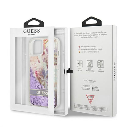 Guess Liquid Glitter Flower – „iPhone 13 mini“ dėklas (violetinis)