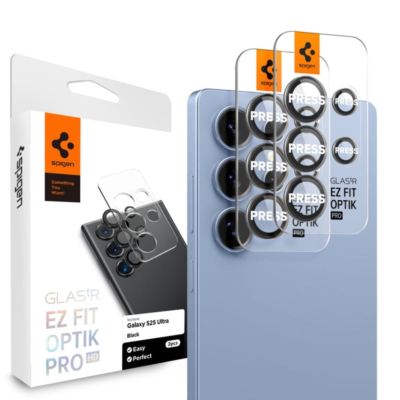 Spigen Optik Pro GLAS.TR EZ Fit kameros apsauga (2 vnt.) - objektyvo apsauga, skirta "Samsung Galaxy S25 Ultra" (juoda)