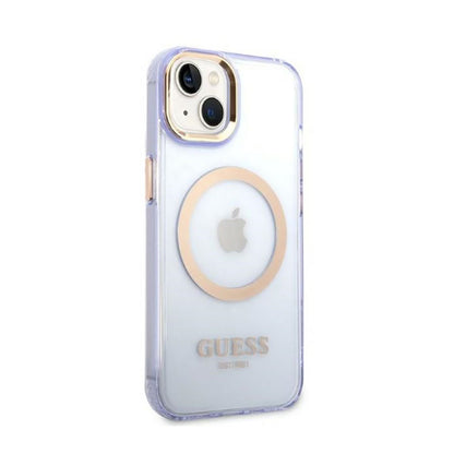 Guess Gold Outline permatomas MagSafe - „iPhone 14“ dėklas (violetinė)