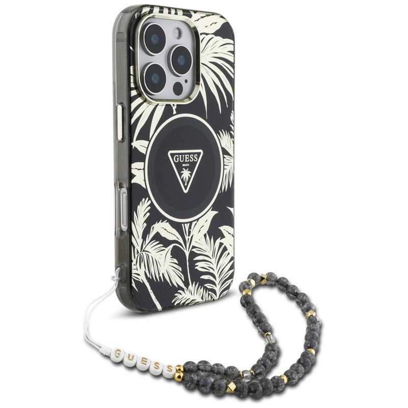 Guess Palm Trees Triangle Pearl Strap MagSafe – Dėklas iPhone 16 Pro Max (juodas)