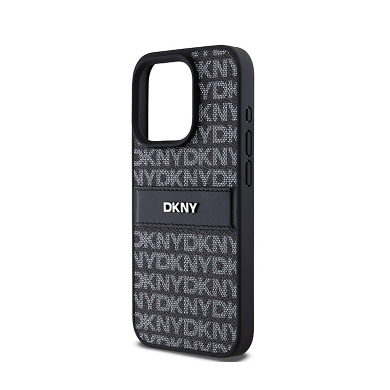 DKNY odinis dėklas su vienspalve juosta ir metaliniu logotipu – iPhone 15 Pro dėklas (juodas)