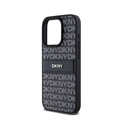 DKNY odinis dėklas su vienspalve juosta ir metaliniu logotipu – iPhone 15 Pro dėklas (juodas)