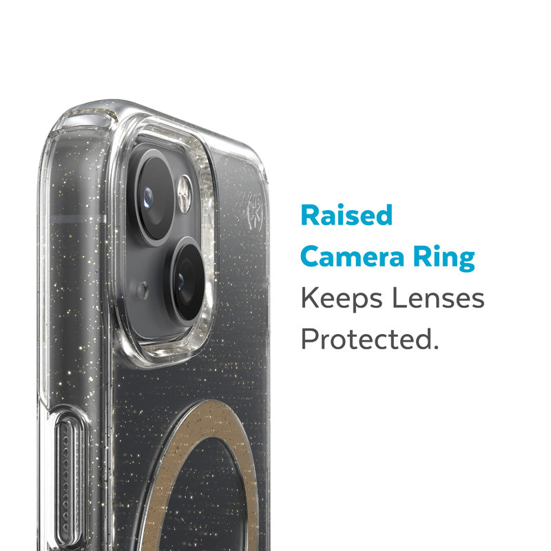 "Speck Presidio Perfect-Clear" dėklas su blizgučiais + "MagSafe" - "iPhone 15 Plus" / "14 Plus" dėklas su MICROBAN danga (skaidrus / su aukso spalvos blizgučiais)