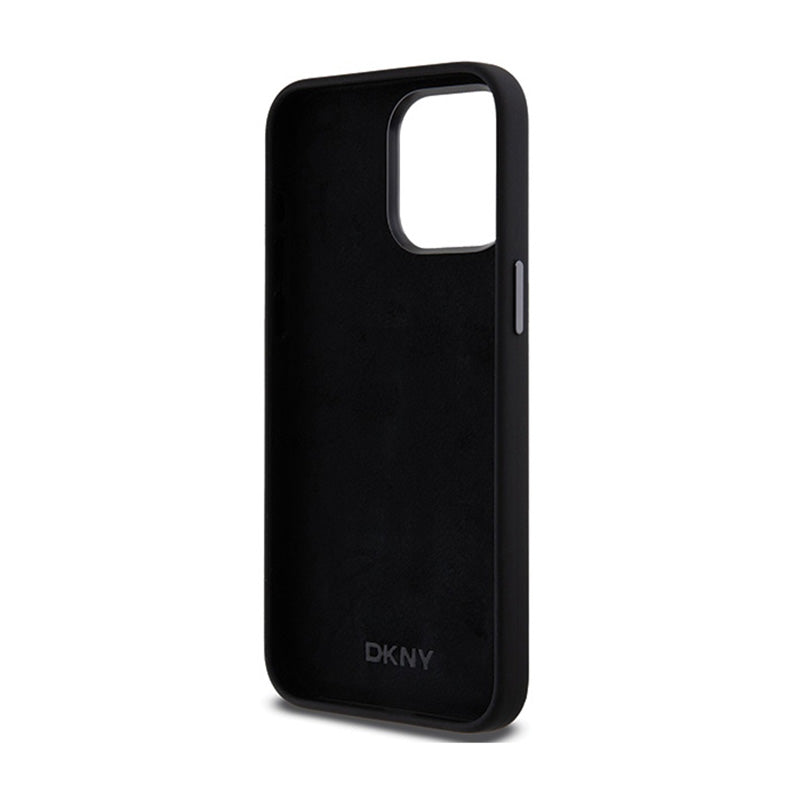 DKNY skysto silikono dėklas su metaliniu logotipu – skirtas iPhone 15 Pro Max (juodas)