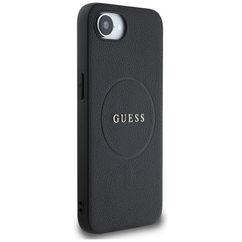 Guess Grained Ring MagSafe – dėklas, skirtas iPhone 16e (juodos spalvos)