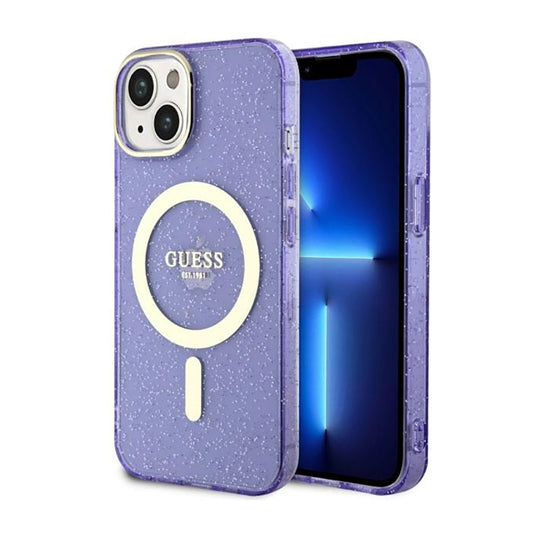 Guess Glitter Gold MagSafe – „iPhone 14 Plus“ dėklas (violetinis)