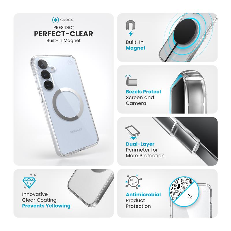 Speck Presidio Perfect-Clear Magnet - Samsung Galaxy S25+ / S24+ MagSafe dėklas (Skaidrus / Chromo apdaila / Serene Silver)
