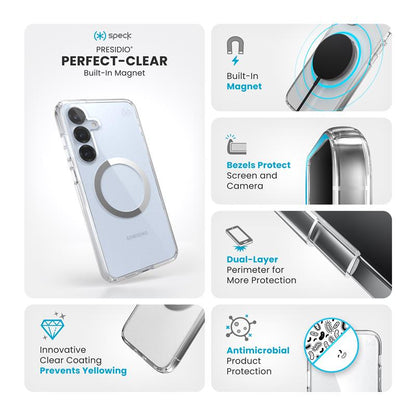 Speck Presidio Perfect-Clear Magnet - Samsung Galaxy S25+ / S24+ MagSafe dėklas (Skaidrus / Chromo apdaila / Serene Silver)