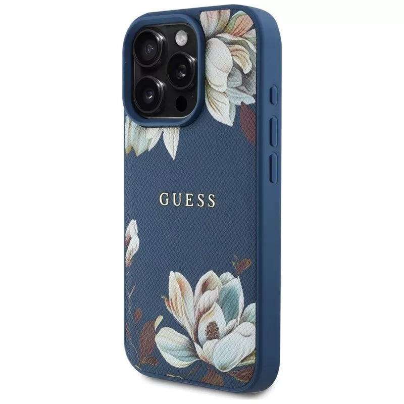 Guess Grained Printed Flower Pattern MagSafe - dėklas, skirtas iPhone 16 Pro (mėlynas)