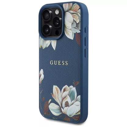 Guess Grained Printed Flower Pattern MagSafe - dėklas, skirtas iPhone 16 Pro (mėlynas)