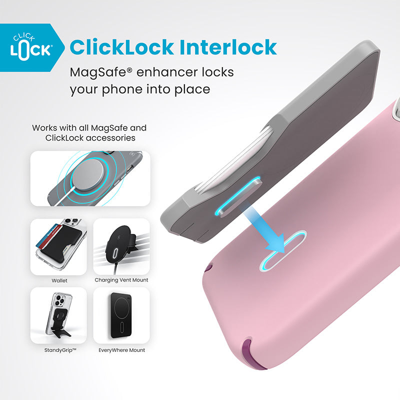 Speck Presidio2 Pro ClickLock & MagSafe – dėklas, skirtas „iPhone 16 Pro“ („Wednesday Pink“ / „Boysenberry Purple“ / baltas)