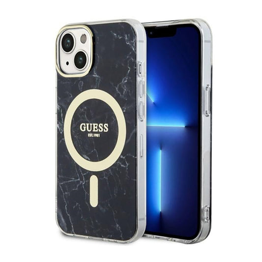 Guess Marble MagSafe – dėklas „iPhone 14 Plus“ (juodas)