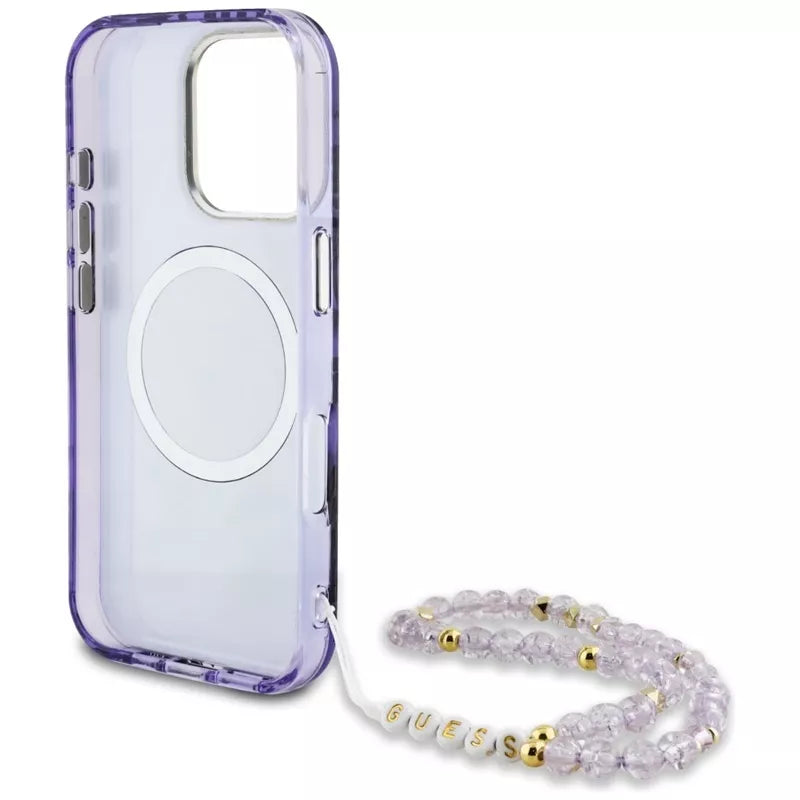 Guess Palm Trees Triangle Pearl Strap MagSafe – „iPhone 16 Pro Max“ dėklas (violetinis)