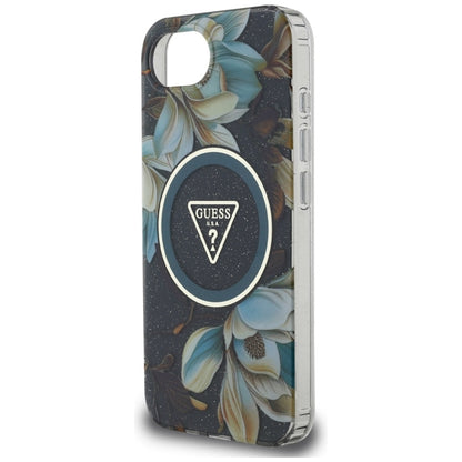 Guess IML Metal Glitter Flowers Triangle MagSafe – Dėklas, skirtas iPhone 16e (juoda)
