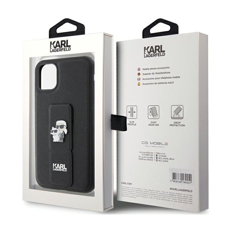 Karl Lagerfeld Gripstand Saffiano Karl & Choupette Pins - iPhone 11 dėklas (juodas)