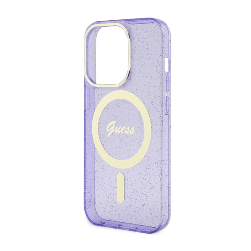 Guess Glitter Gold MagSafe – dėklas, skirtas iPhone 14 Pro Max (Violetinė)