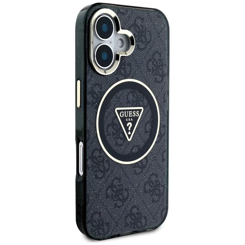 Guess IML Metal Glitter 4G Circle Triangle MagSafe – dėklas iPhone 16 (juodas)