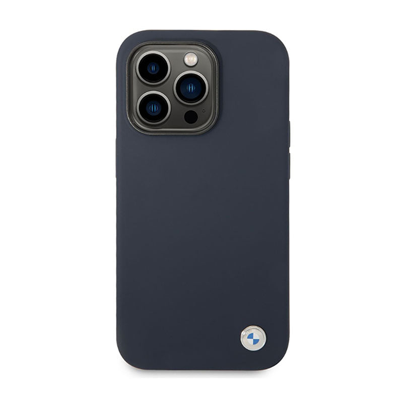 BMW skysto silikono dėklas su metaliniu logotipu MagSafe – dėklas iPhone 14 Pro Max (tamsiai mėlyna)