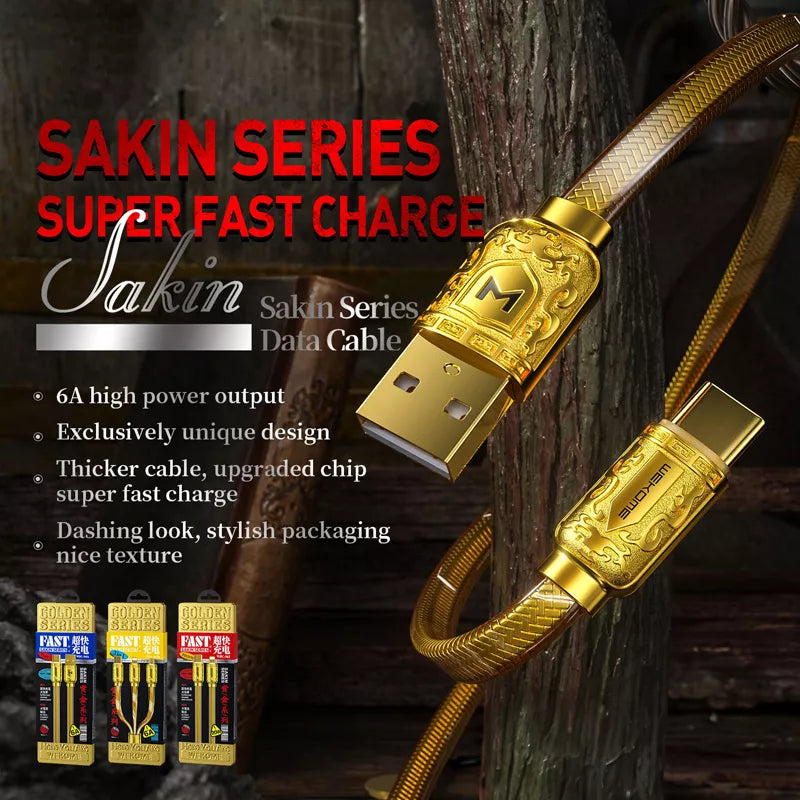 WEKOME WDC-161 Sakin serija – USB-A į USB-C greito įkrovimo 6A jungiamasis laidas 1 m (auksinis)