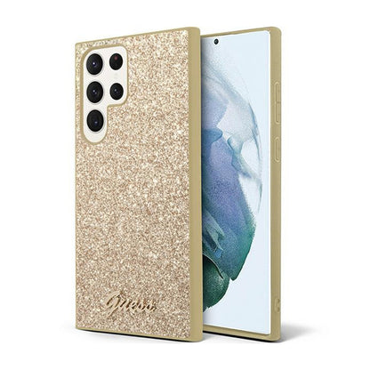 Guess Blizgučių ir Metalinio Logotipo Dėklas - Dėklas skirtas Samsung Galaxy S24 Ultra (Auksas)