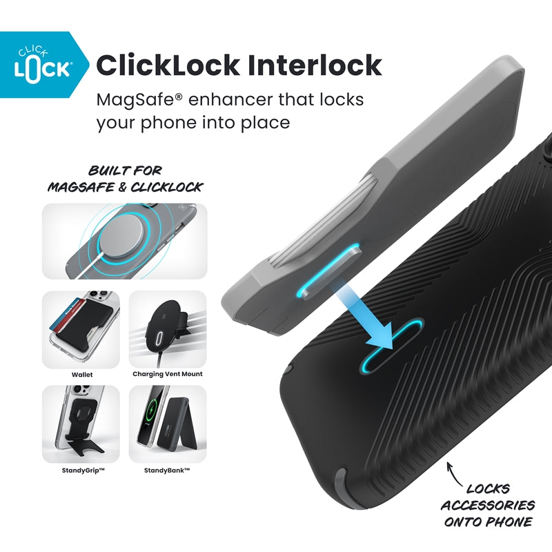 Speck Presidio2 Grip ClickLock ir MagSafe – iPhone 17 dėklas (juoda / alyvuogių pilka / balta)