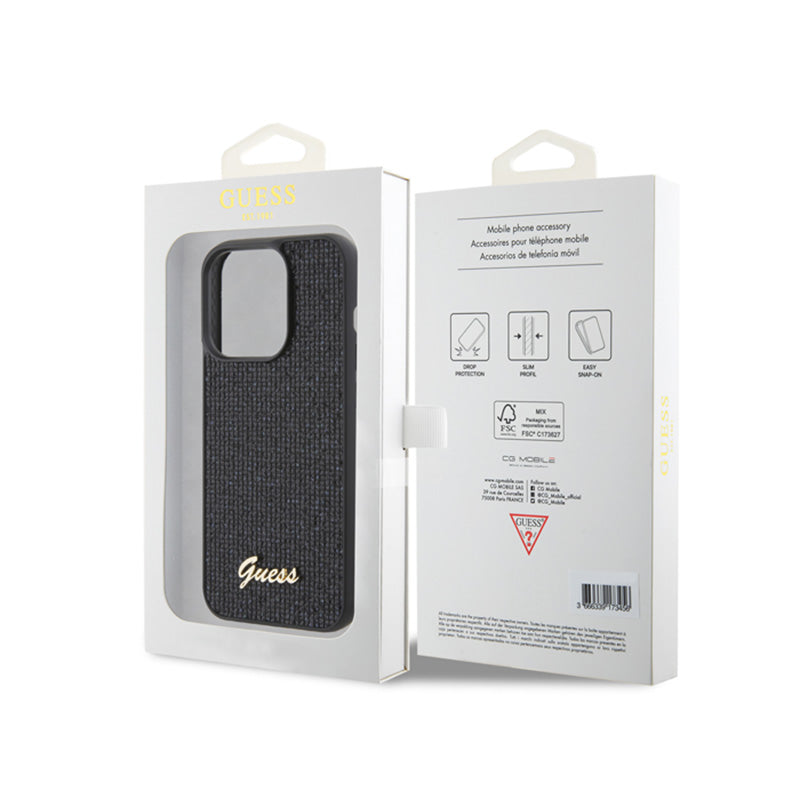Guess Disco Metal Script – dėklas, skirtas iPhone 15 Pro, juodas