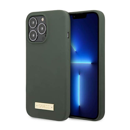 Guess Silicone Logo Plate MagSafe – dėklas skirtas iPhone 13 Pro (Žalias)