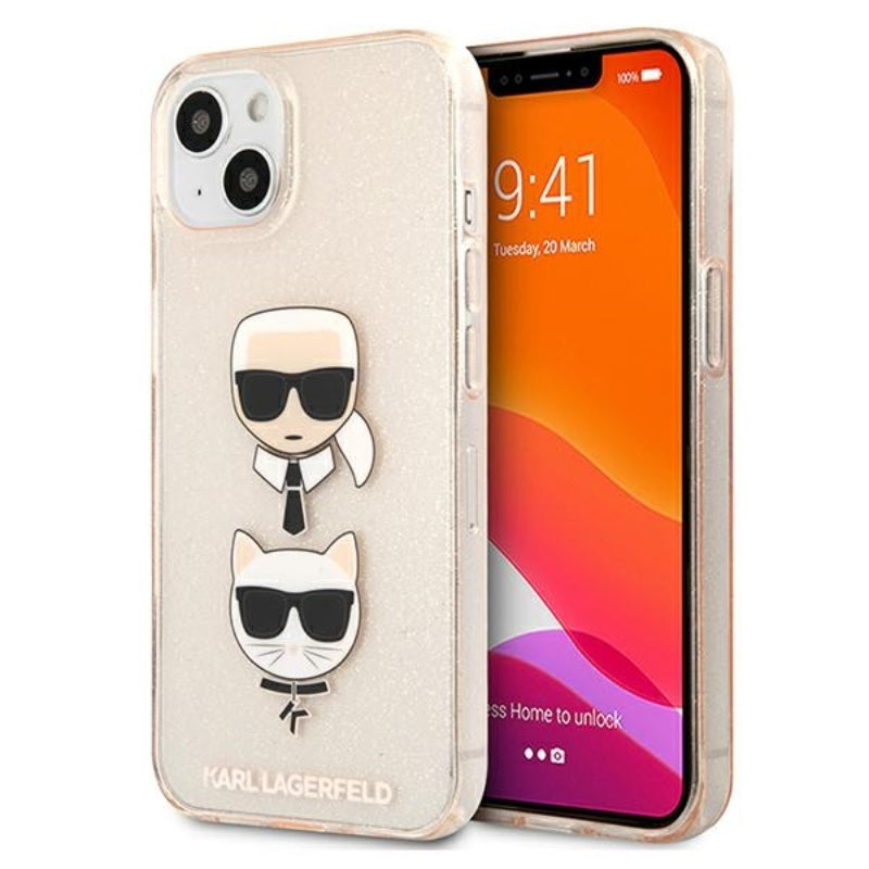 Karl Lagerfeld Glitter Karl & Choupette Head – „iPhone 13 mini“ dėklas (auksinis)