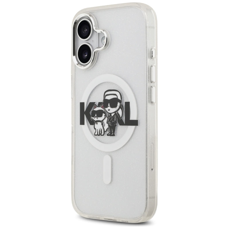 Karl Lagerfeld IML blizgučių Karl & Choupette pieštuko eskizo logotipas MagSafe – Dėklas, skirtas iPhone 17 (skaidrus)