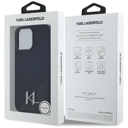 Karl Lagerfeld Silikoninis MagSafe Dėklas su metalo inicialu "Shadow" – skirtas iPhone 15 Pro (juodas)