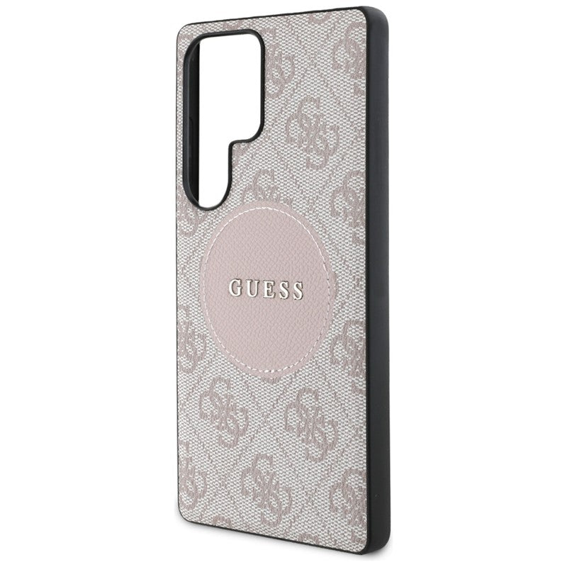 Guess 4G Round Patch Classic Logo MagSafe – Dėklas, skirtas Samsung Galaxy S25 Ultra (rožinis)