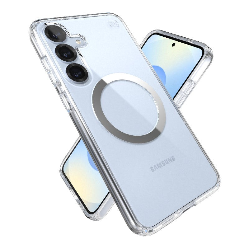Speck Presidio Perfect-Clear Magnet - Samsung Galaxy S25+ / S24+ MagSafe dėklas (Skaidrus / Chromo apdaila / Serene Silver)