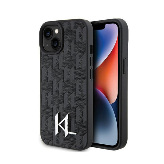 Karl Lagerfeld Odinė Monograma, Karštu Būdu Įspaustas Metalo Logotipas - Dėklas iPhone 15 (juodas)