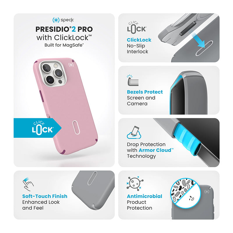 Speck Presidio2 Pro ClickLock & MagSafe – dėklas, skirtas „iPhone 16 Pro“ („Wednesday Pink“ / „Boysenberry Purple“ / baltas)