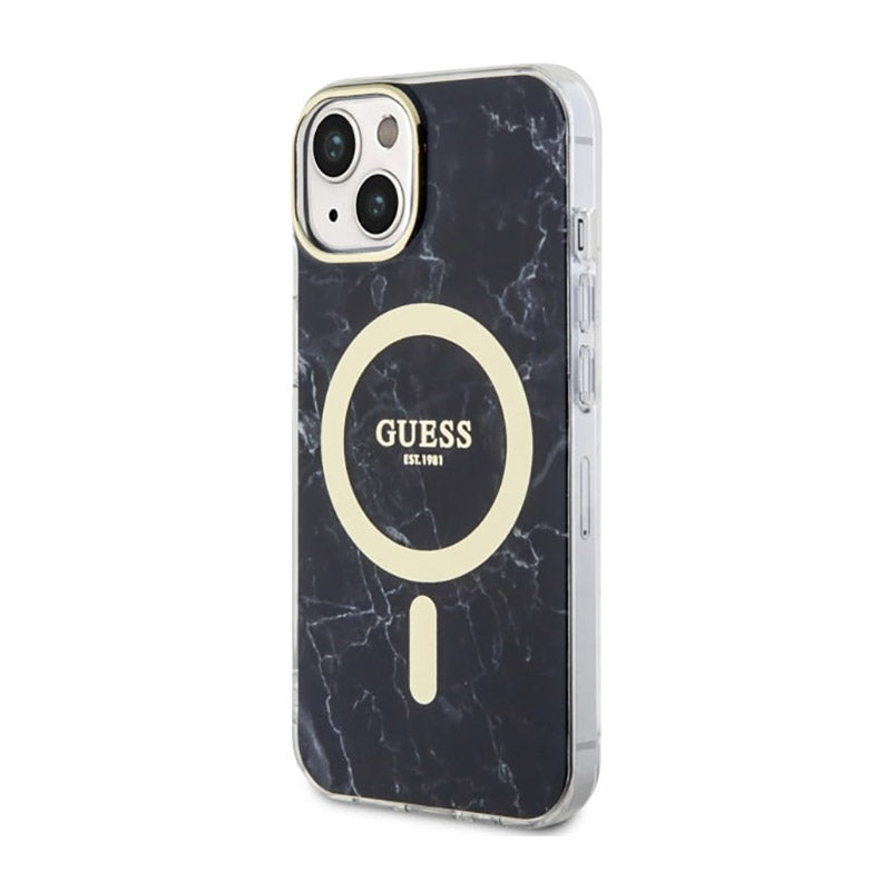 Guess Marble MagSafe – dėklas „iPhone 14 Plus“ (juodas)