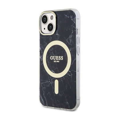 Guess Marble MagSafe – dėklas „iPhone 14 Plus“ (juodas)