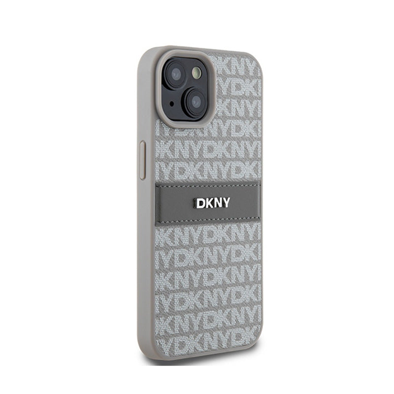 DKNY odinis dėklas „Mono Stripe & Metal Logo“ – skirtas „iPhone 15“ / „14“ / „13“ (smėlio spalvos)