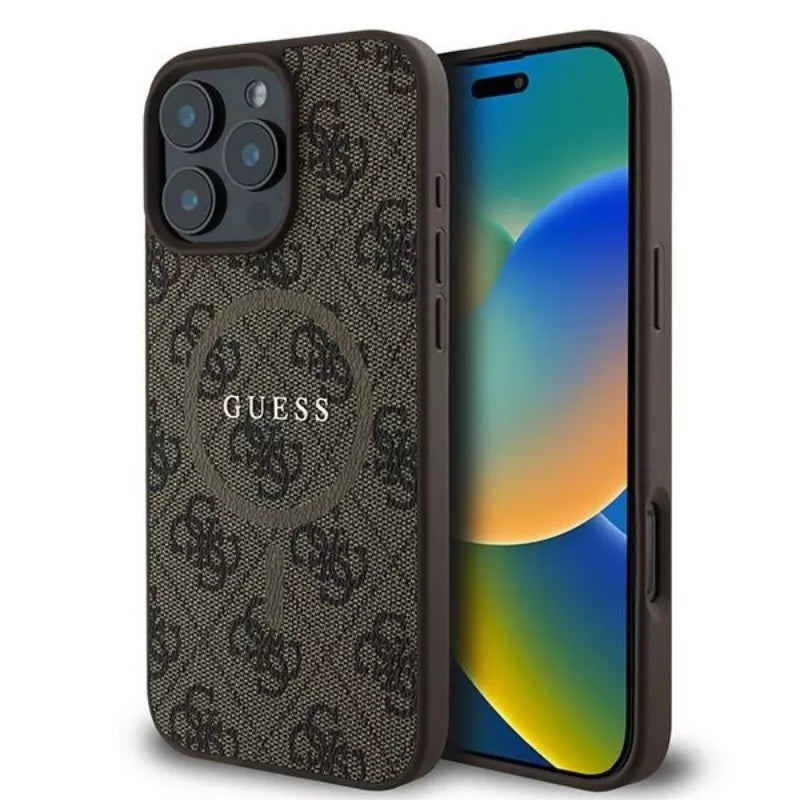 Guess 4G žiedas klasikinis logotipas MagSafe – dėklas skirtas iPhone 16 Pro (rudas)
