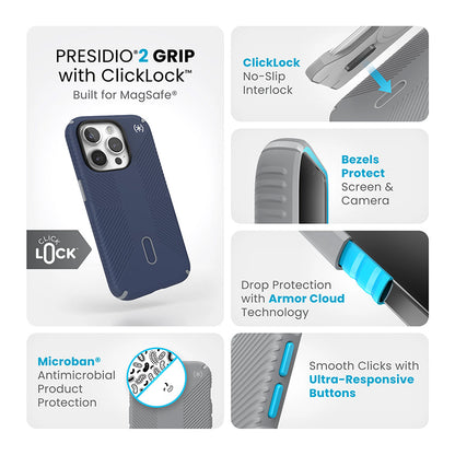 Speck Presidio2 Grip ClickLock & MagSafe – Dėklas skirtas „iPhone 15 Pro“ (Pakrantės mėlyna/Dulkių pilka)