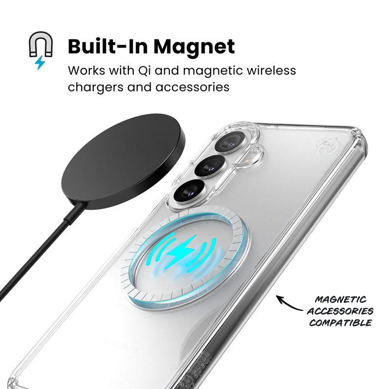 Speck Presidio Perfect-Clear Magnet – Samsung Galaxy S26+ MagSafe dėklas (Skaidrus/Skaidrus/Sidabrinis)