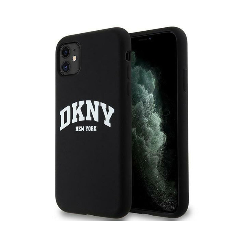 DKNY Skysto silikono dėklas su baltu logotipu, MagSafe, skirtas iPhone 11 (juodas)